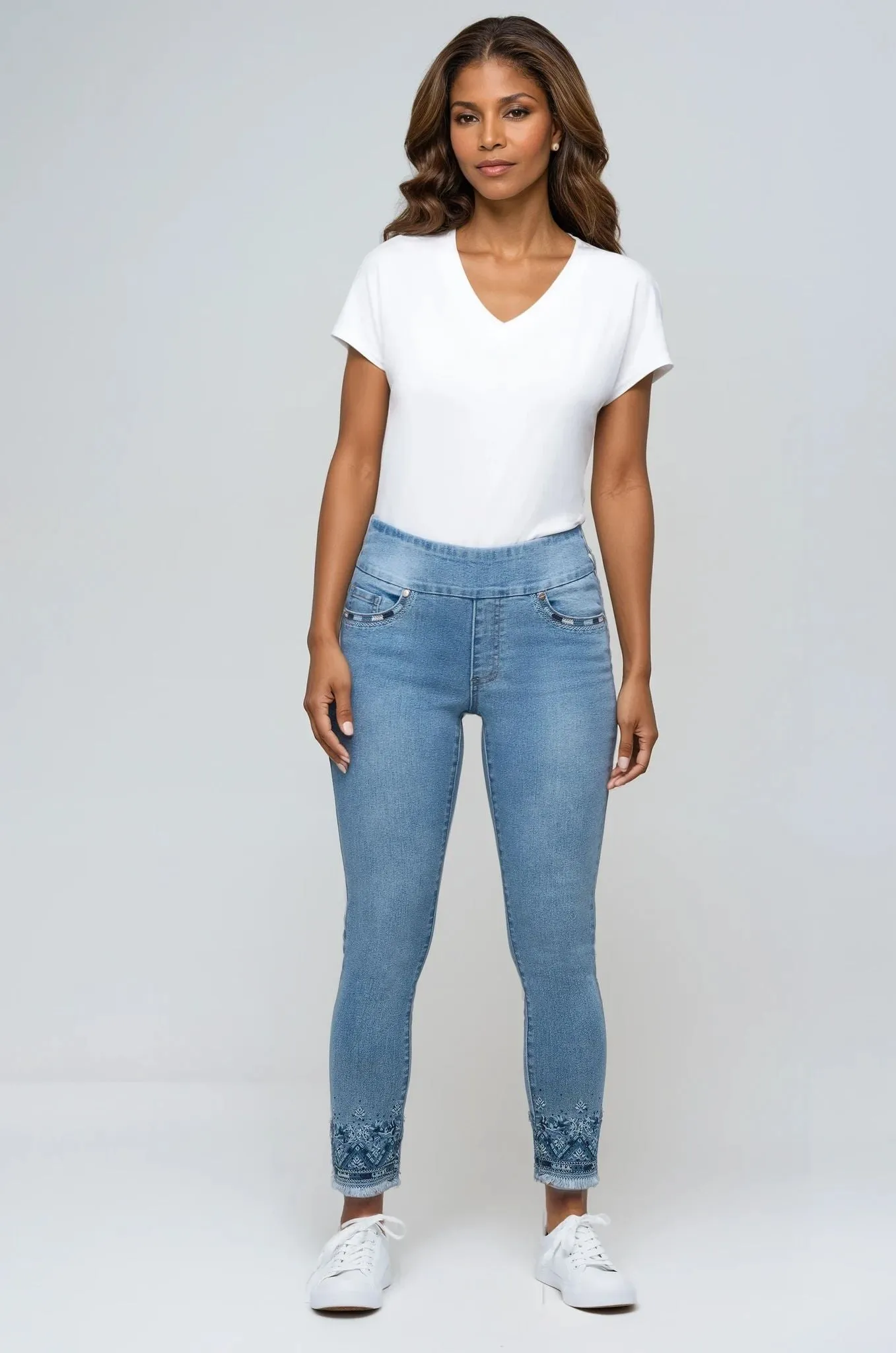 Ankle Pull-On Light Blue Jeans With Aztec Embroidery sold by Blue Faithful product image thumbnail 5