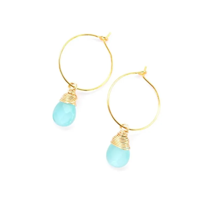 Aqua Chalcedony Hoop Earrings in Gold sold by Forai