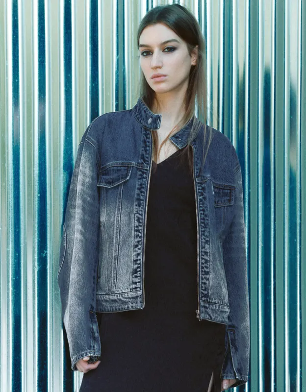 Zipper Front Gradient Denim Jacket sold by Urban Revivo