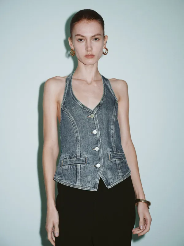 Halter Neck Sleeveless Denim Shirt sold by Urban Revivo
