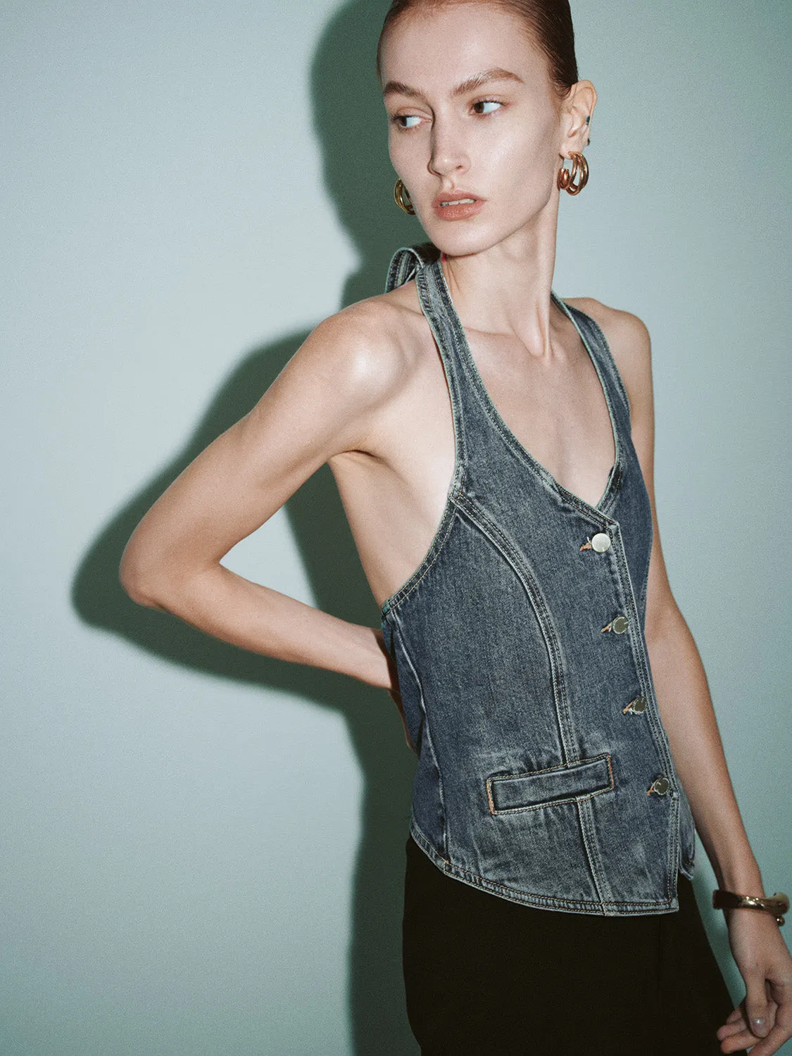 Halter Neck Sleeveless Denim Shirt sold by Urban Revivo product image thumbnail 3