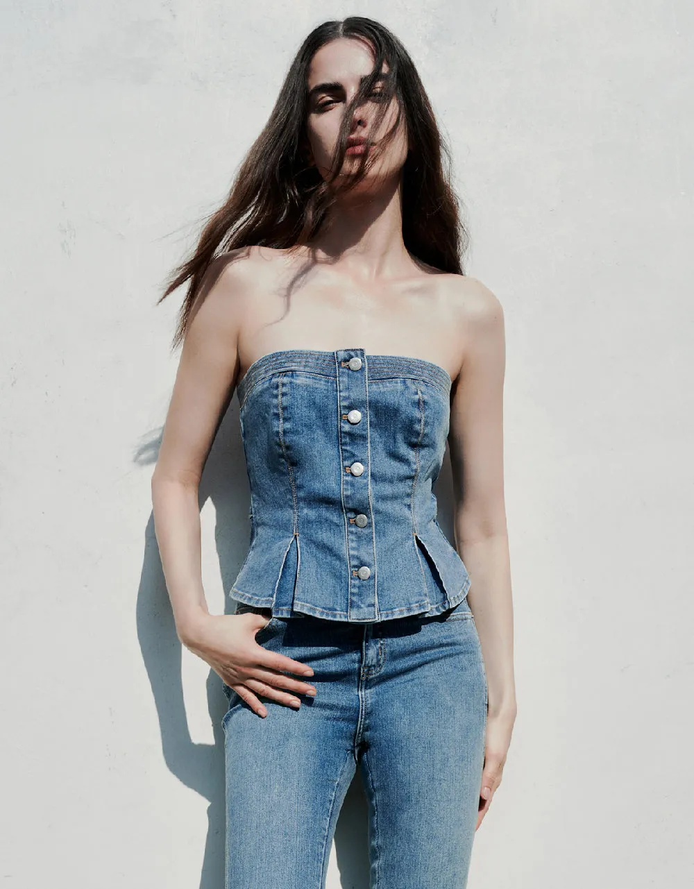 Button Up Denim Tube Top sold by Urban Revivo