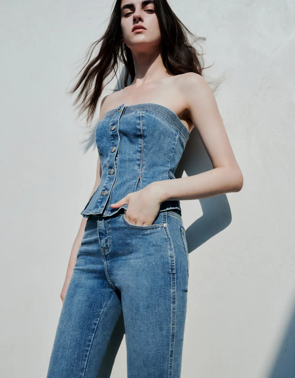 Button Up Denim Tube Top sold by Urban Revivo product image thumbnail 2