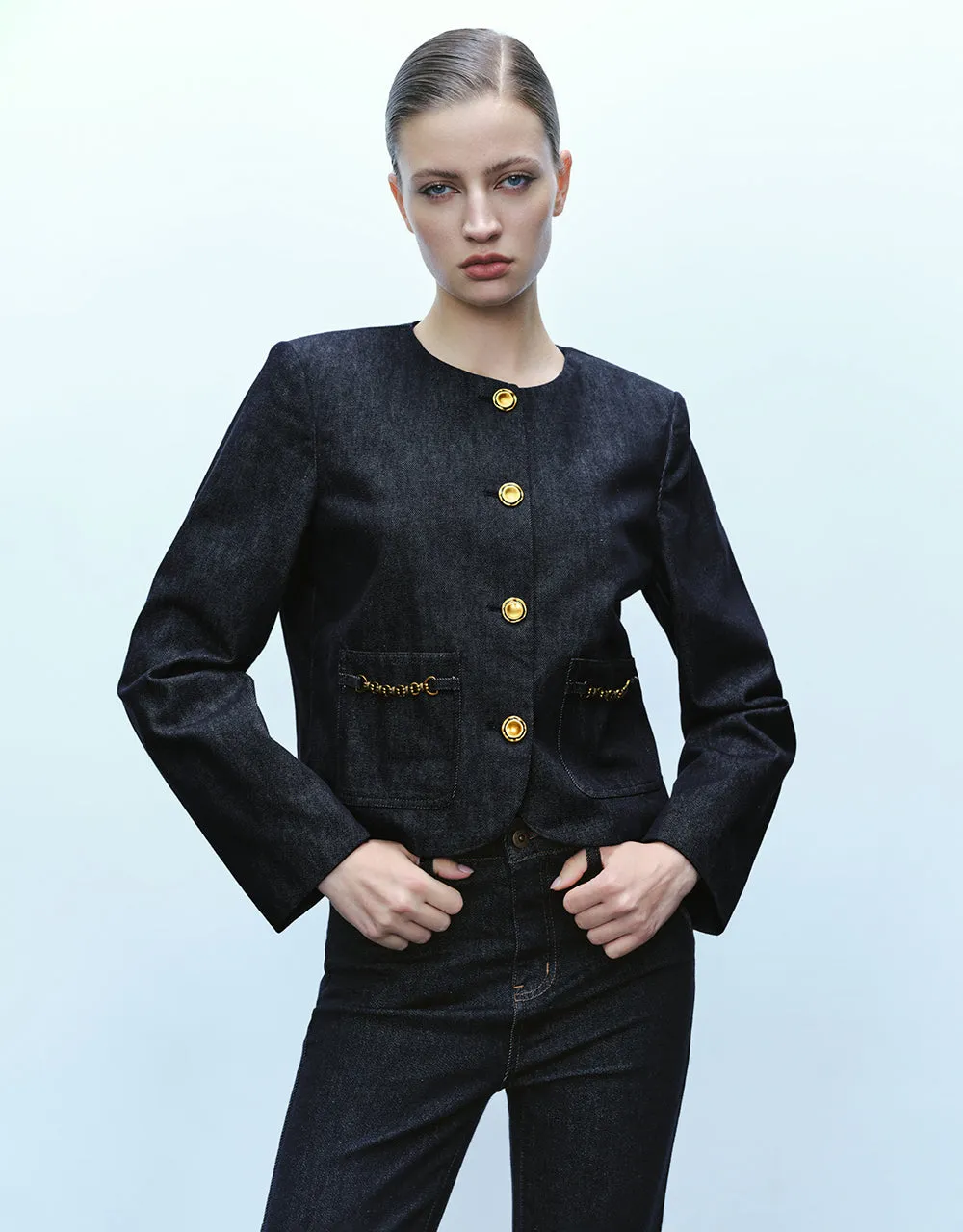 Crew Neck Tweed Denim Jacket sold by Urban Revivo