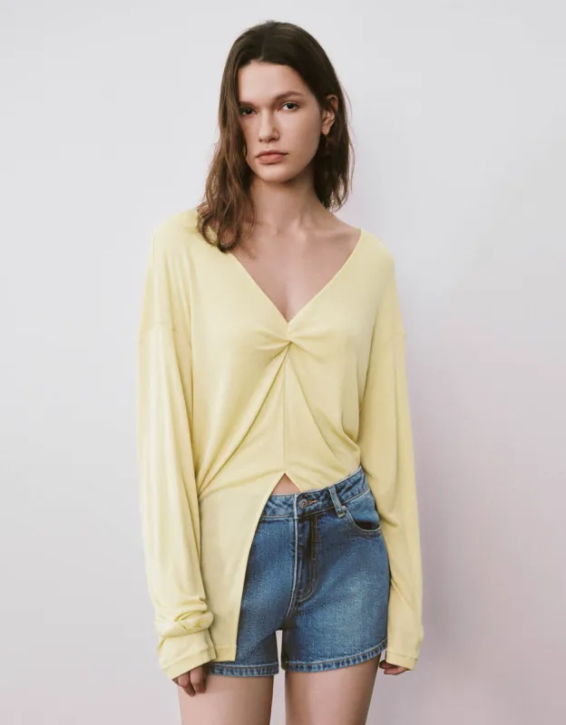 Twist Front V-Neck Loose T-Shirt sold by Urban Revivo