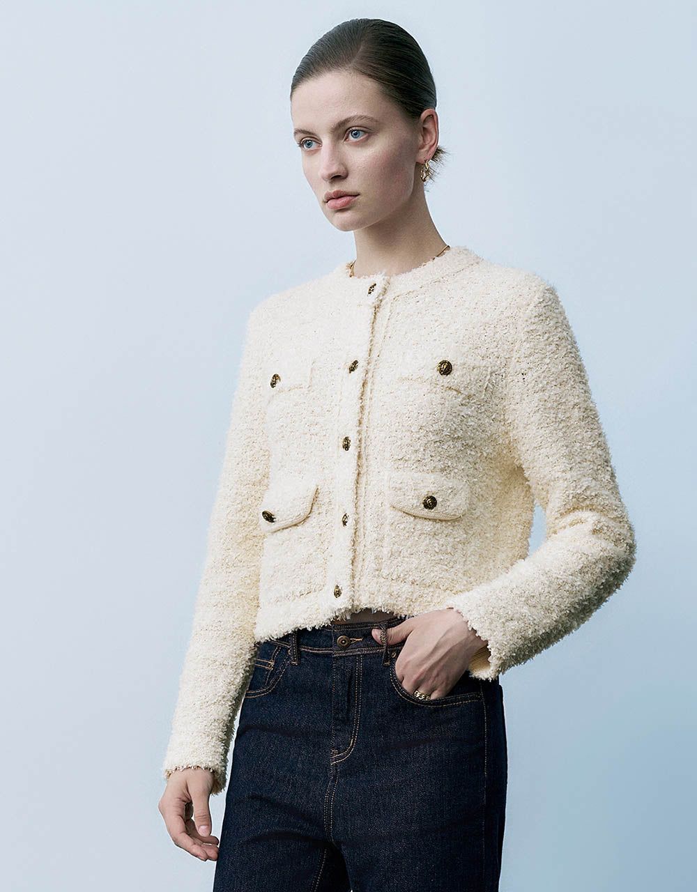 Tweed Crew Neck Knitted Cardigan sold by Urban Revivo