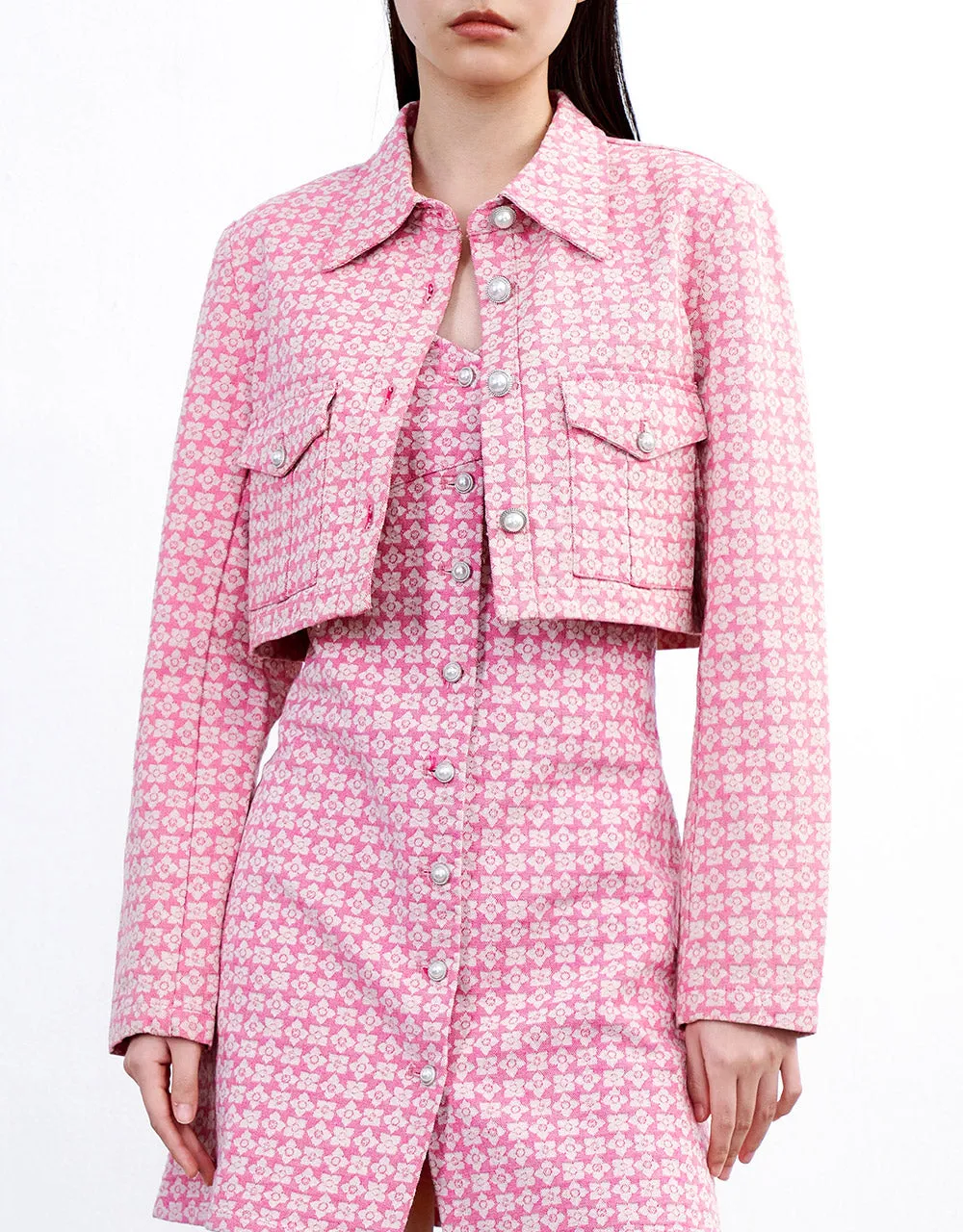 Floral Pattern Faux Pearl Button Denim Jacket sold by Urban Revivo product image thumbnail 5