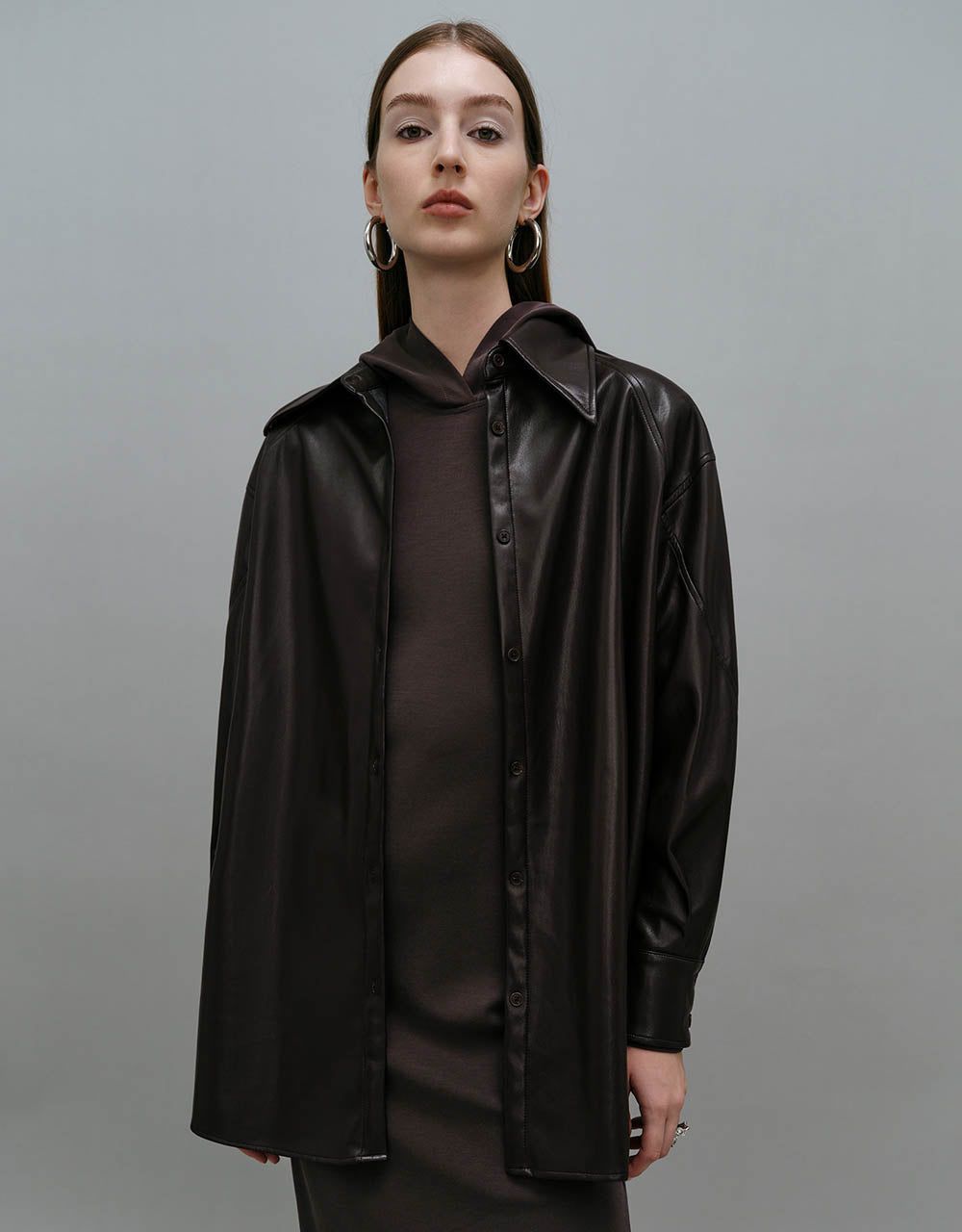 Press Button Vegan Leather Straight Shirt sold by Urban Revivo