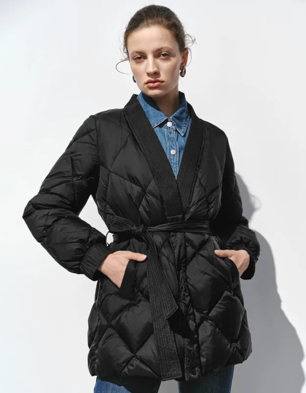 Embossed V-Neck Down Jacket With Belt sold by Urban Revivo