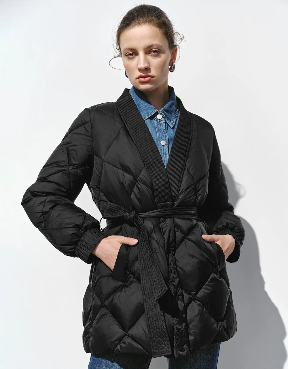Embossed V-Neck Down Jacket With Belt sold by Urban Revivo
