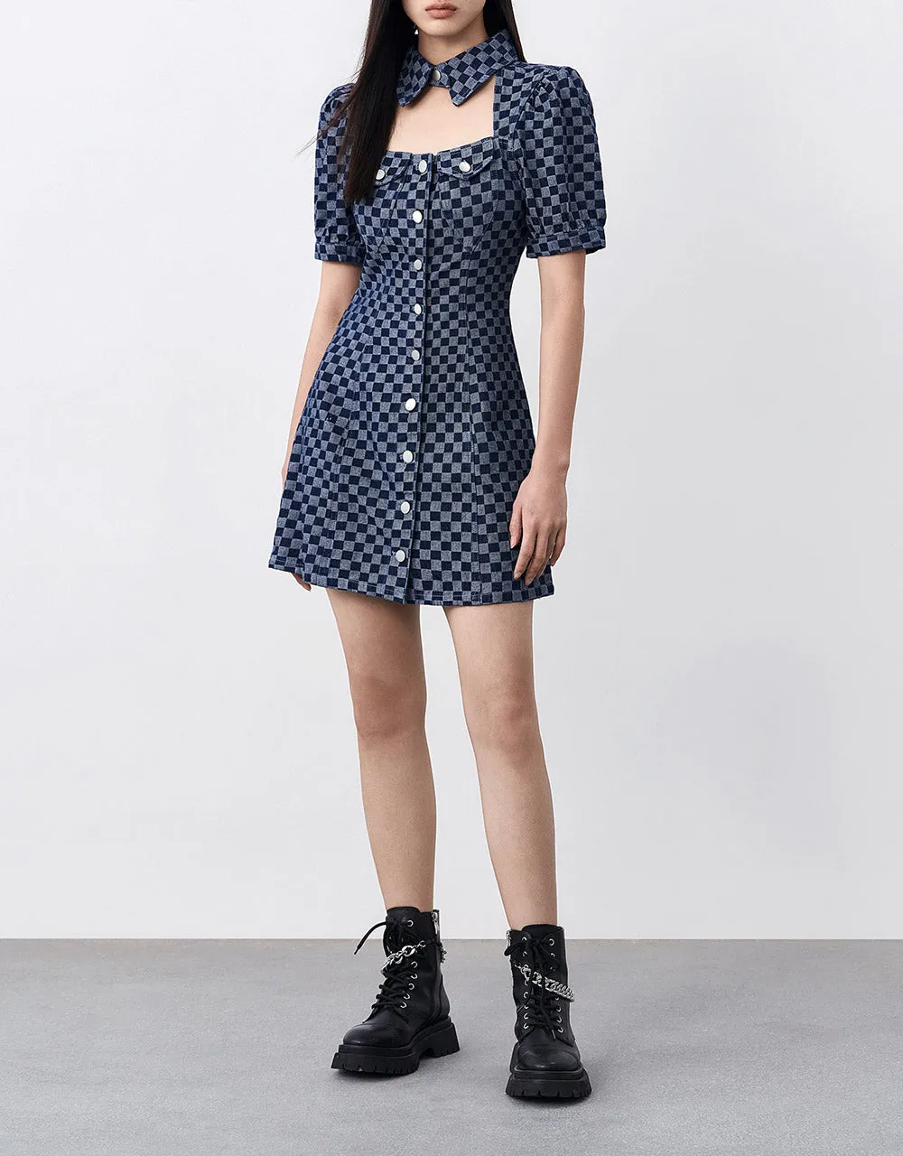Checkered Cut Out Front Denim Dress sold by Urban Revivo product image thumbnail 5