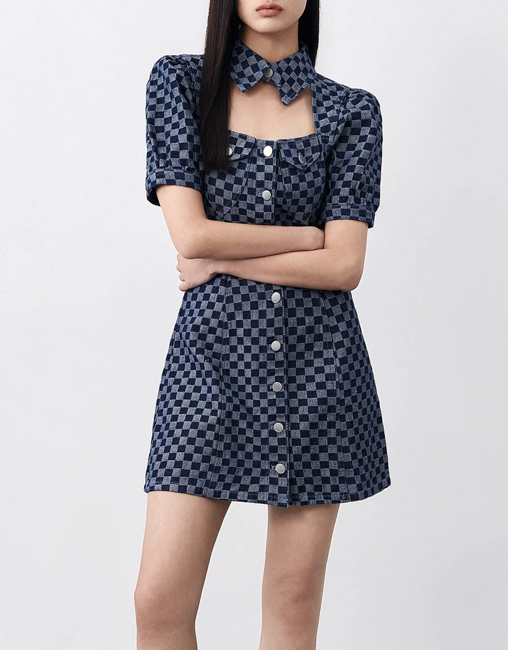 Checkered Cut Out Front Denim Dress sold by Urban Revivo product image thumbnail 2