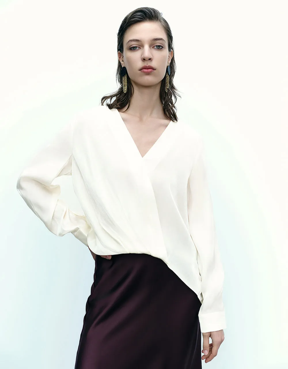 Surplice Front V-Neck Overhead Shirt sold by Urban Revivo