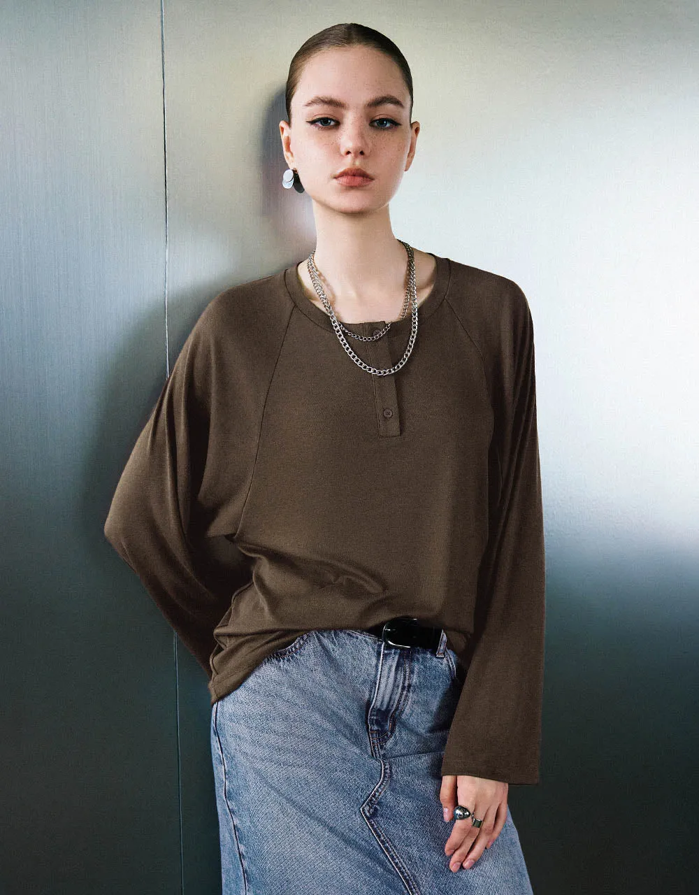 Button Half Placket Crew Neck Loose T-Shirt sold by Urban Revivo