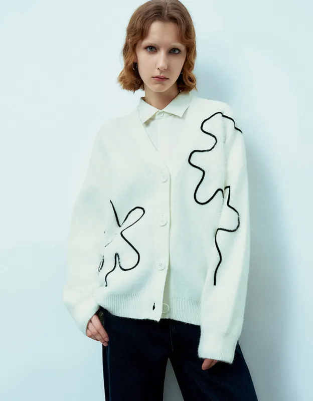 Linear Flower V-Neck Knitted Cardigan sold by Urban Revivo