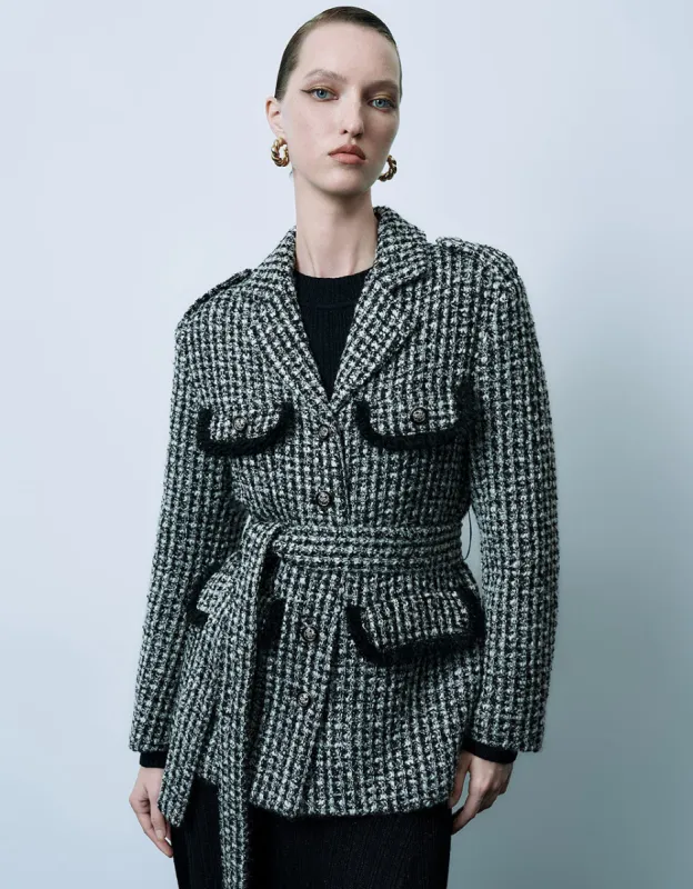 Notch Lapel Tweed Jacket With Belt sold by Urban Revivo