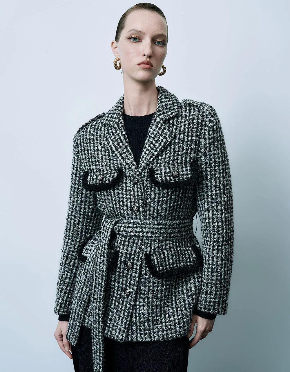 Notch Lapel Tweed Jacket With Belt sold by Urban Revivo