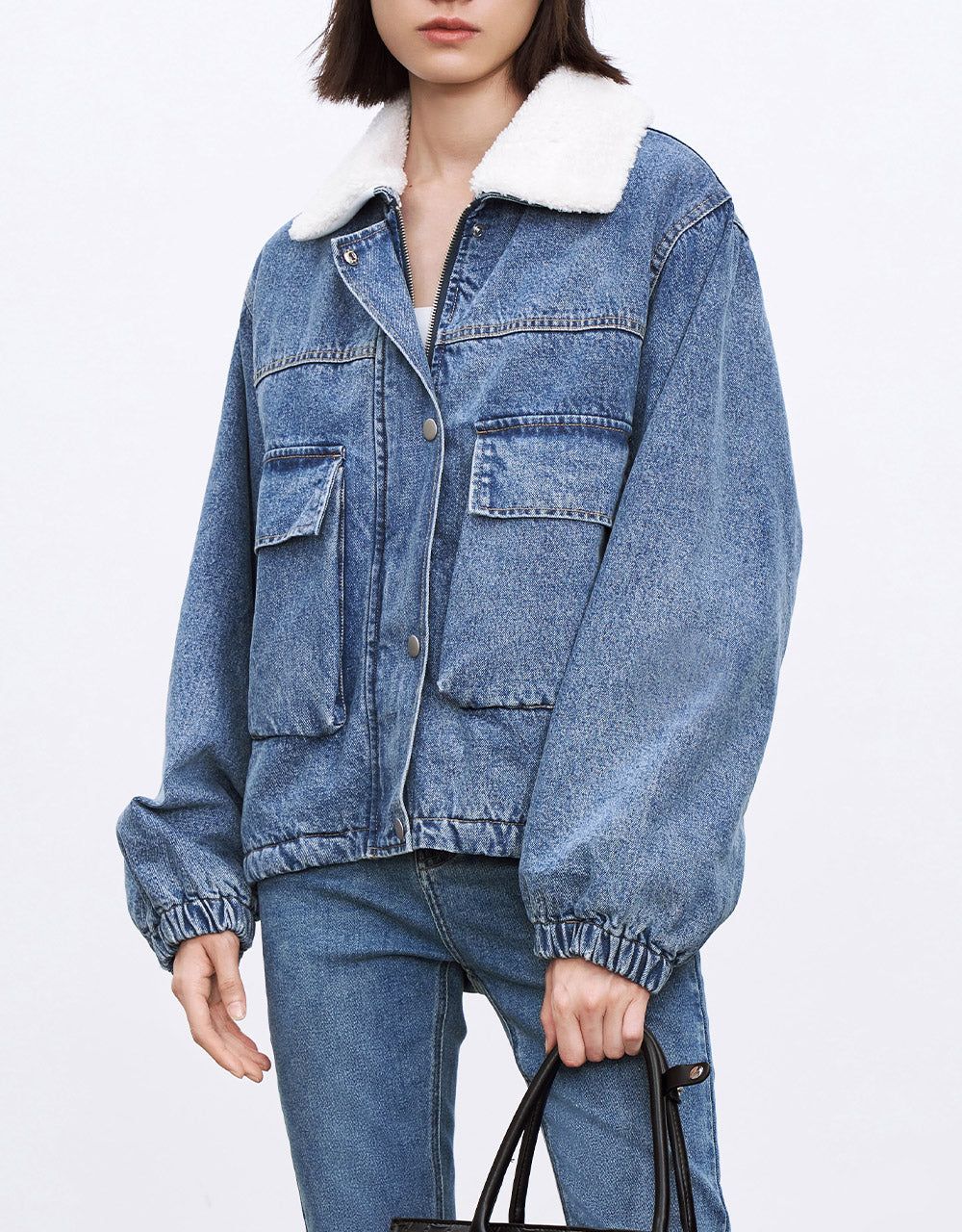 Teddy Collar Flap Pocket Denim Jacket sold by Urban Revivo product image thumbnail 2
