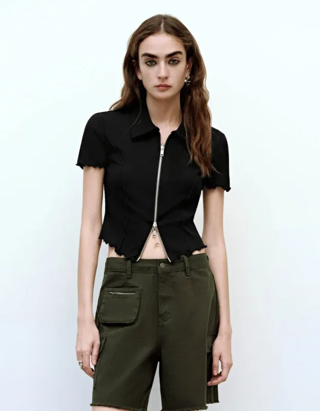 Zipper Front Frill Trim Knitted Lapel Shirt sold by Urban Revivo