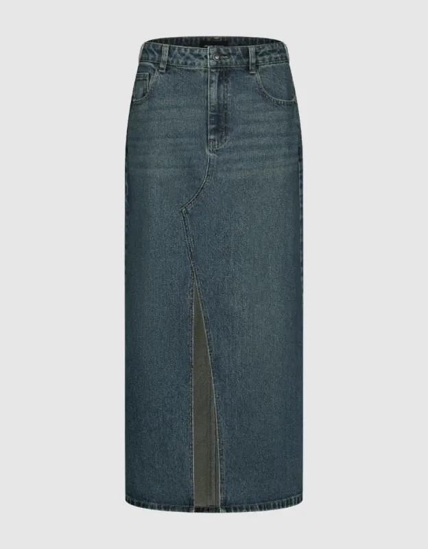 Split Hem Straight Denim Skirt sold by Urban Revivo