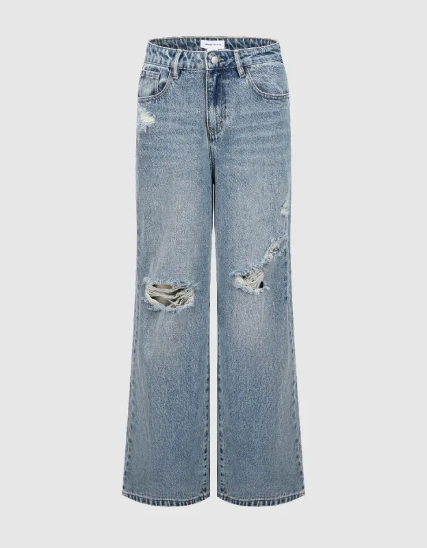 Ripped Wide-Leg Jeans sold by Urban Revivo