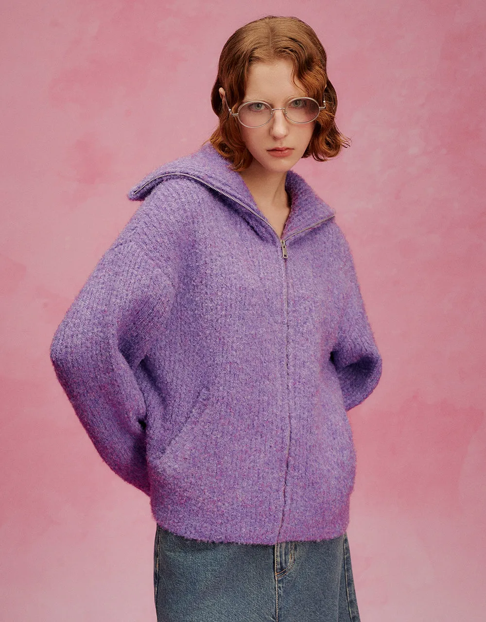 Zipper Front Loose Knitted Cardigan sold by Urban Revivo