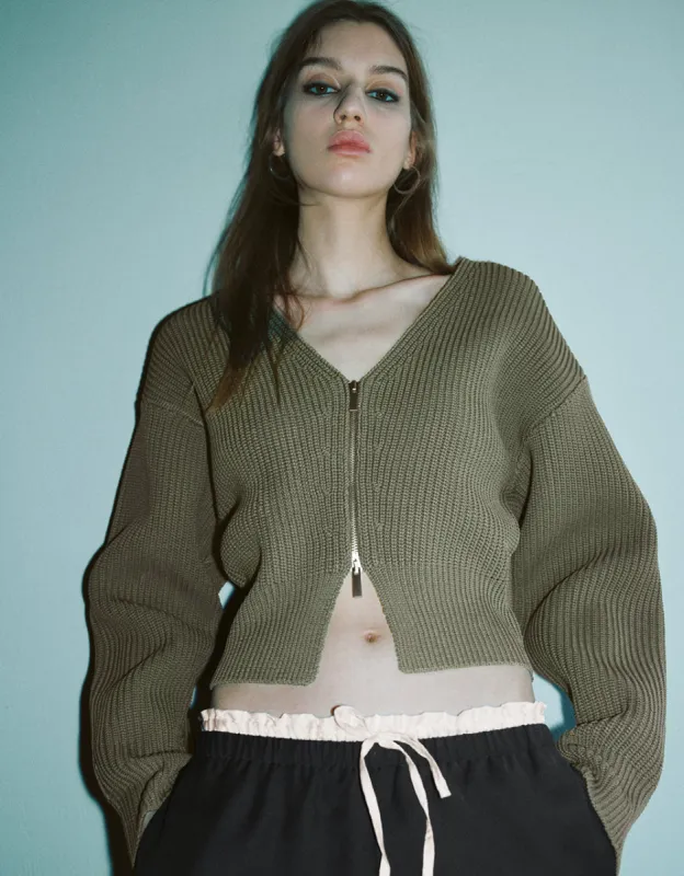 Zipper Front V-Neck Knitted Cardigan sold by Urban Revivo