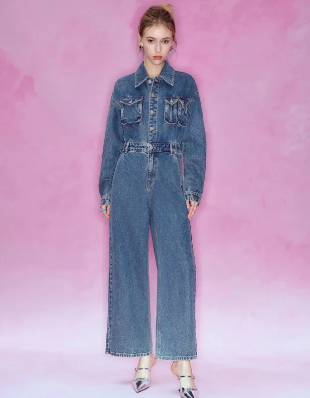 Drop Shoulder Sleeve Denim Jumpsuit sold by Urban Revivo