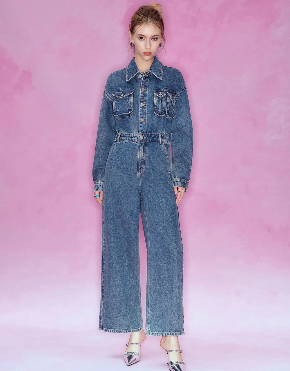 Drop Shoulder Sleeve Denim Jumpsuit sold by Urban Revivo