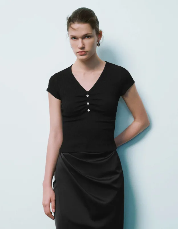 Textured V-Neck Knitted T-Shirt sold by Urban Revivo