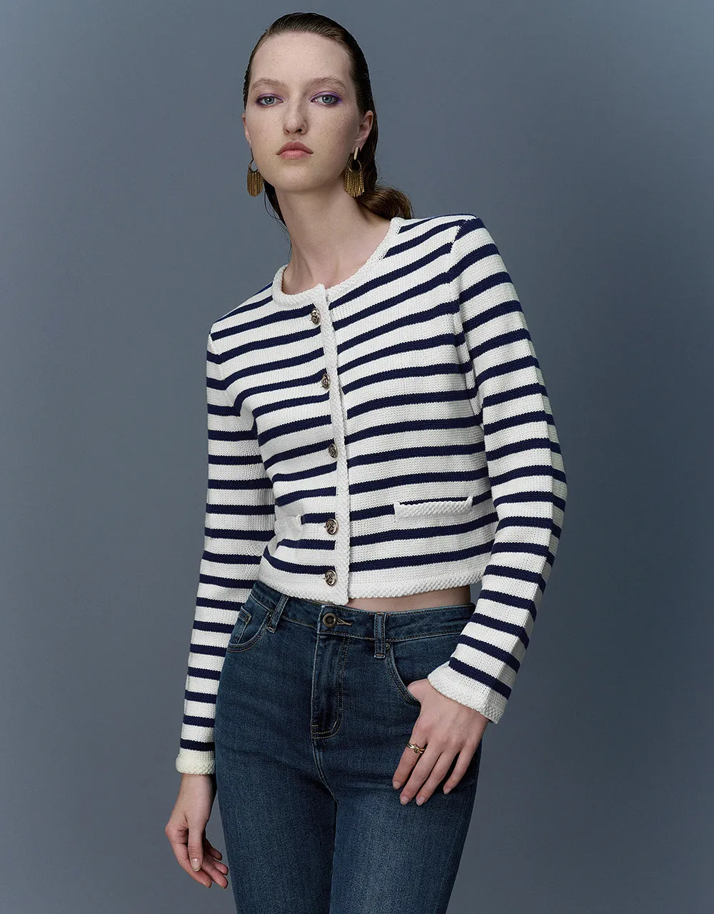 Striped Crew Neck Knitted Cardigan sold by Urban Revivo