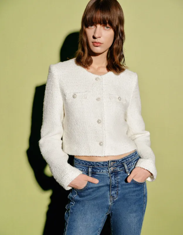 Faux Pearl Décor Straight Tweed Jacket sold by Urban Revivo