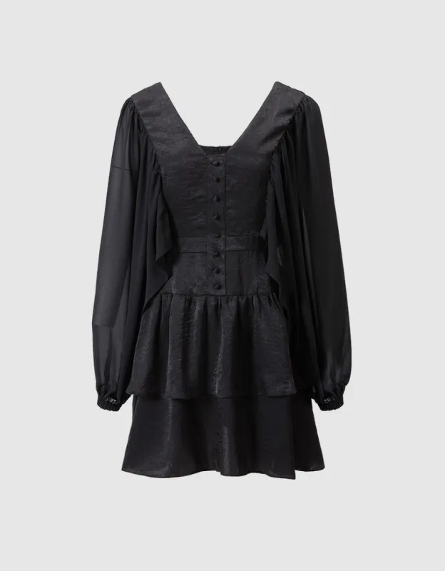 Batwing Button Front Tiered Ruffle Hem Dress sold by Urban Revivo