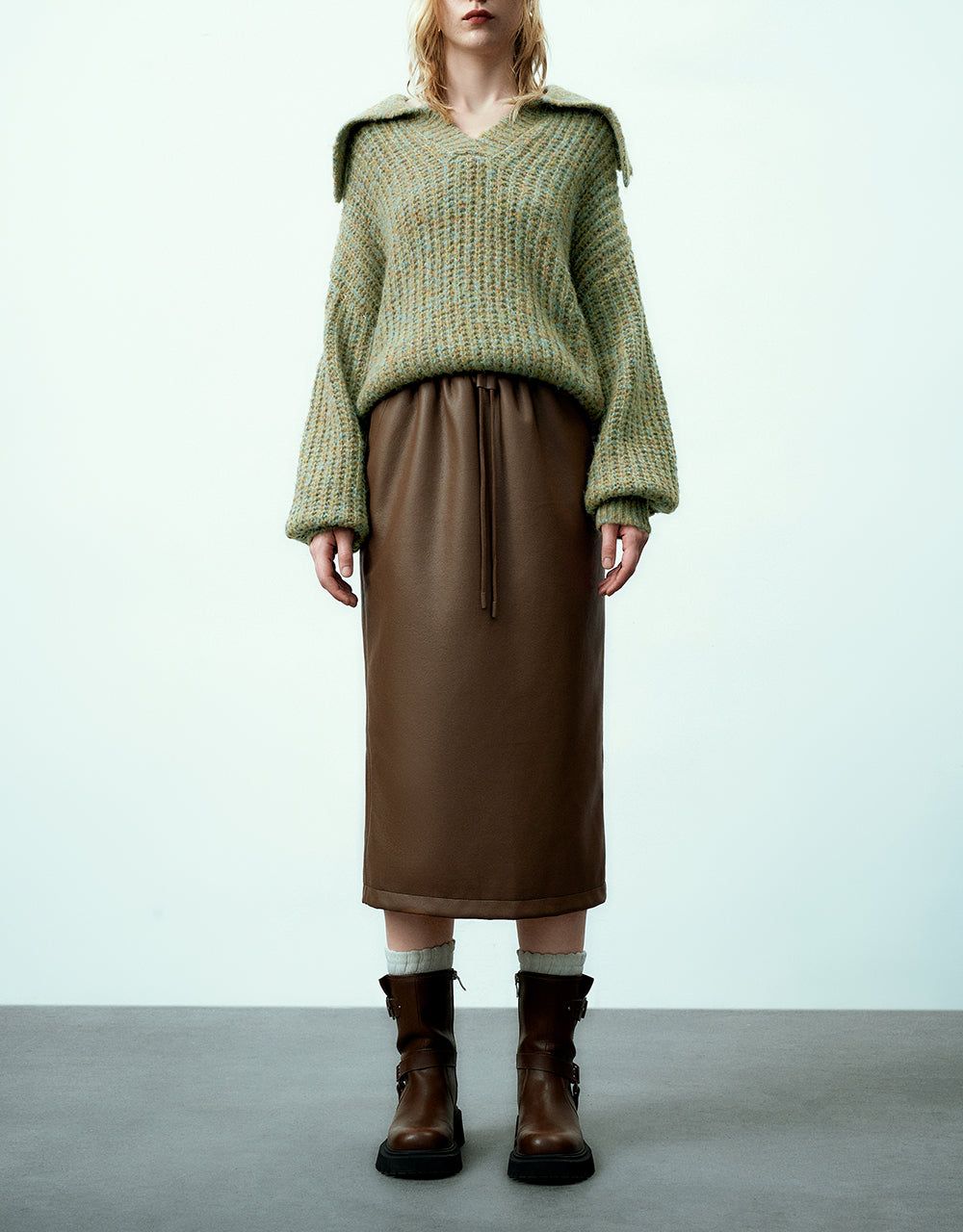 Drawstring Waist Vegan Leather Midi A-Line Skirt sold by Urban Revivo product image thumbnail 2