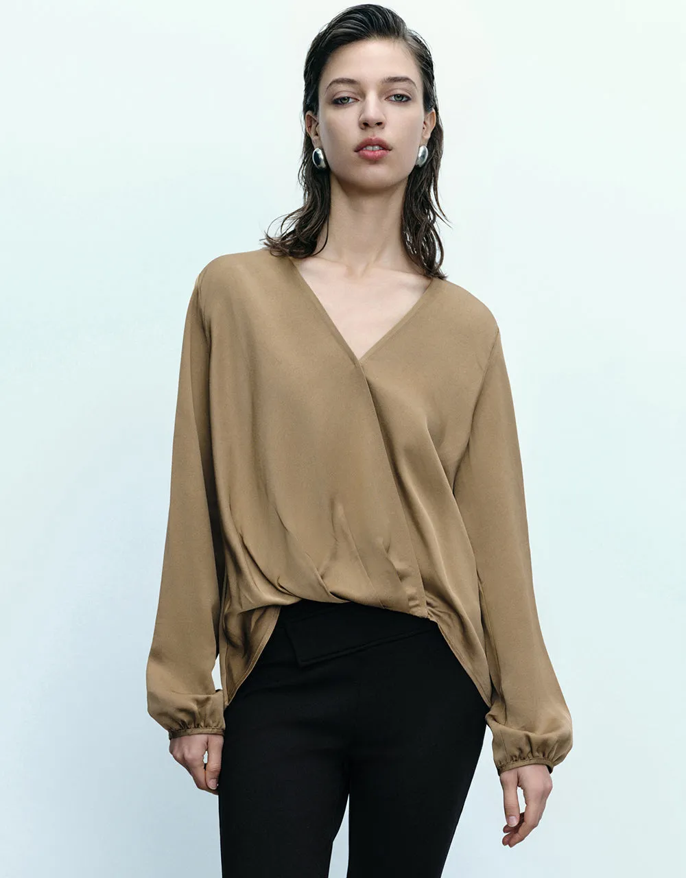 Surplice Front V-Neck Overhead Shirt sold by Urban Revivo