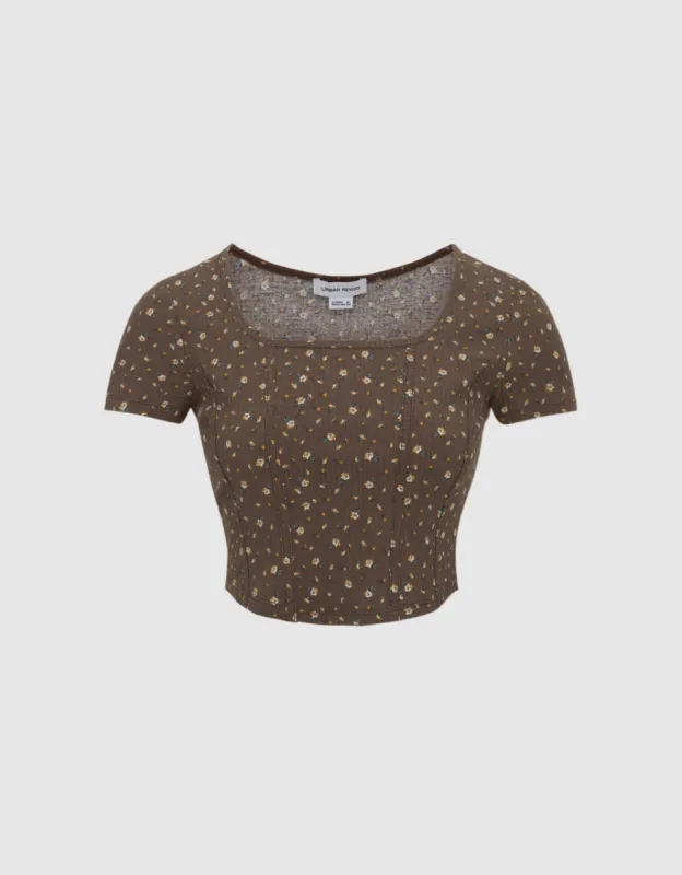Floral U Neck Skinny T-Shirt sold by Urban Revivo