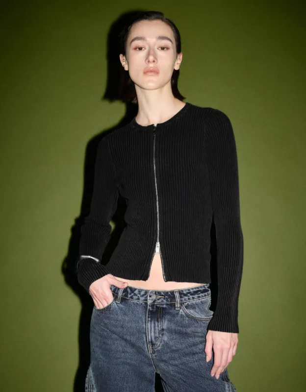 Zipper Front Crew Neck Knitted Cardigan sold by Urban Revivo