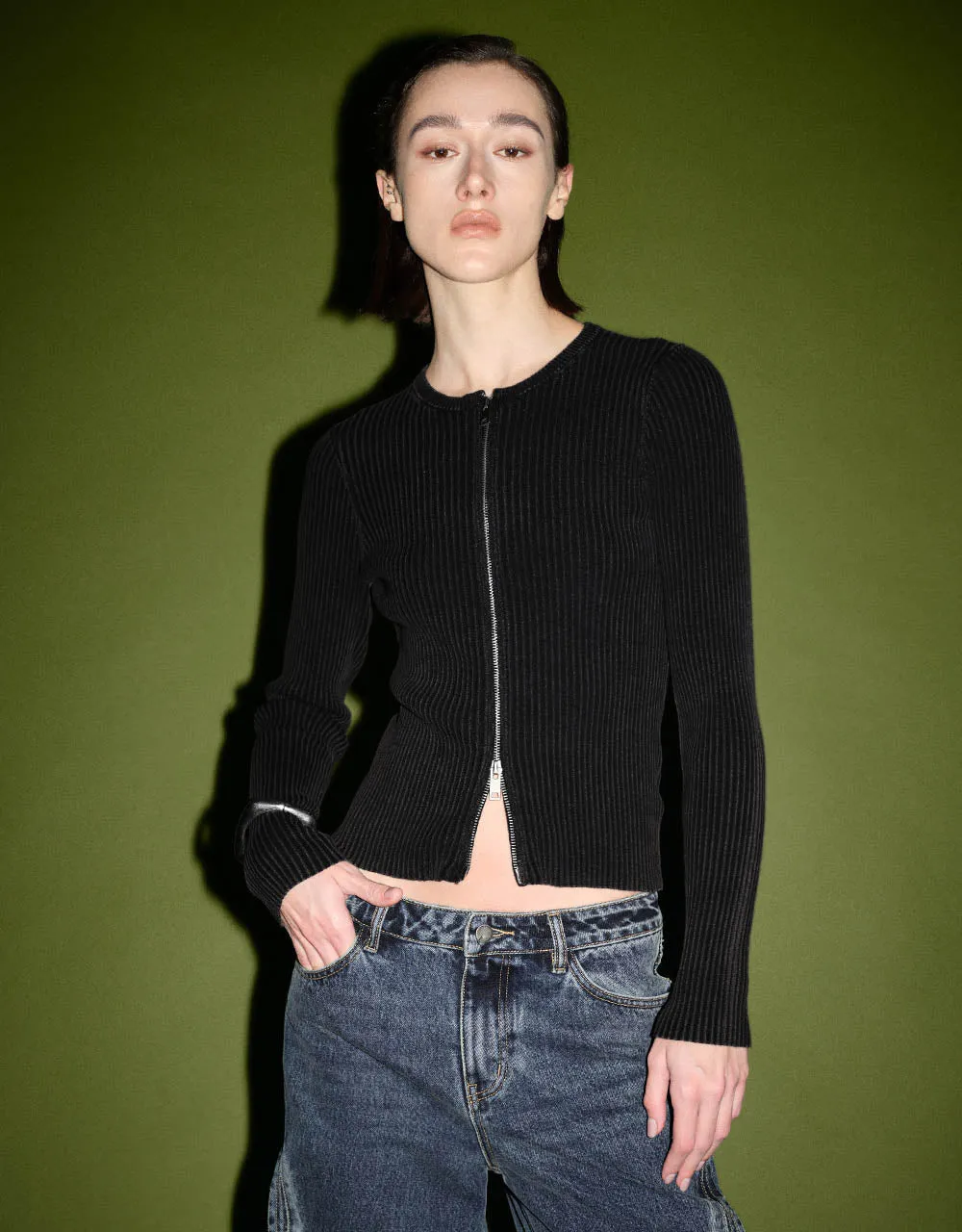 Zipper Front Crew Neck Knitted Cardigan sold by Urban Revivo