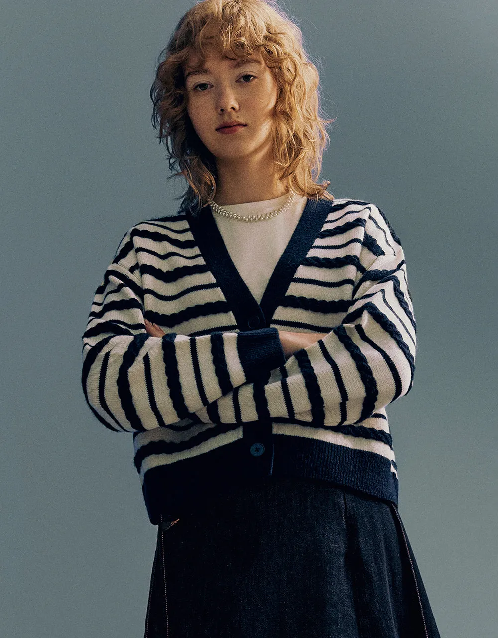 Striped V-Neck Knitted Cardigan sold by Urban Revivo