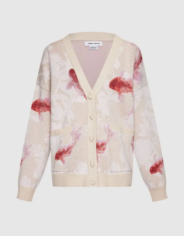Lucky Fish Jacquard V Neck Cardigan sold by Urban Revivo