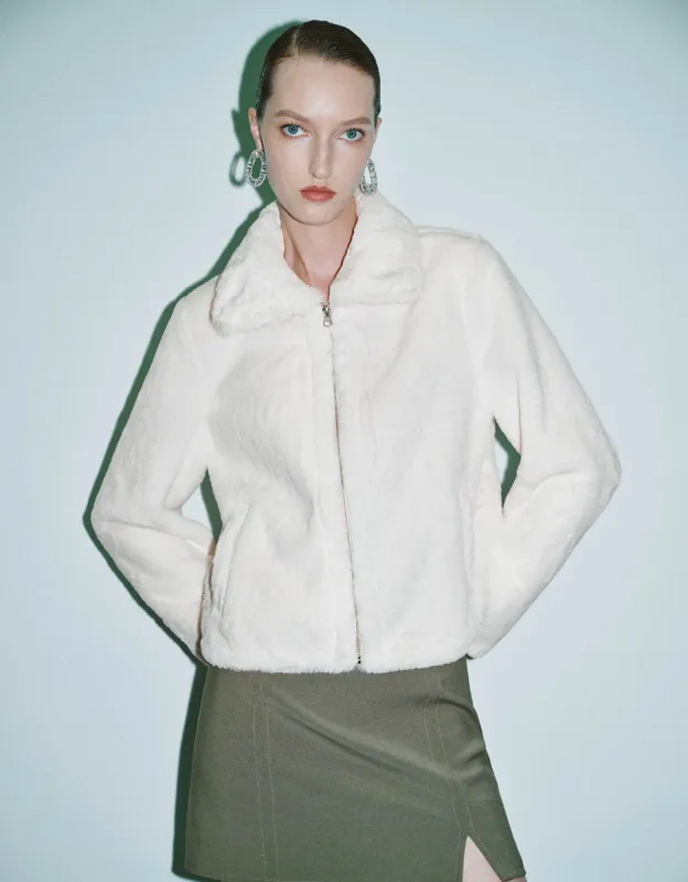 Zipper Front Straight Furry Coat sold by Urban Revivo