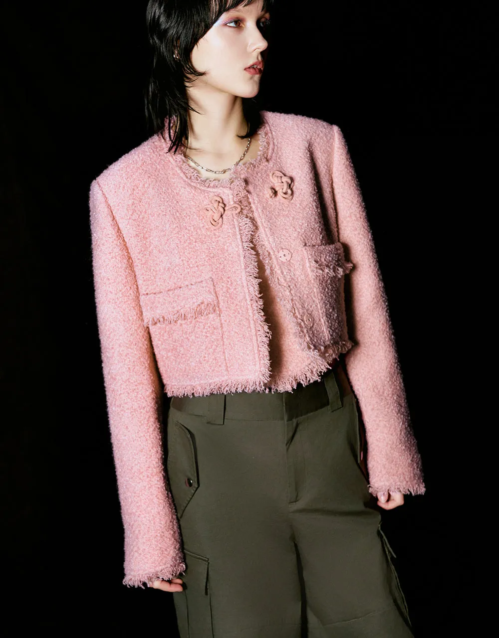 Raw Hem Crew Neck Tweed Jacket sold by Urban Revivo product image thumbnail 3