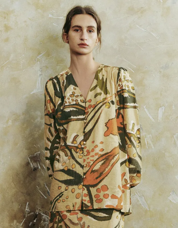 Printed Puff Sleeve V-Neck Shirt sold by Urban Revivo