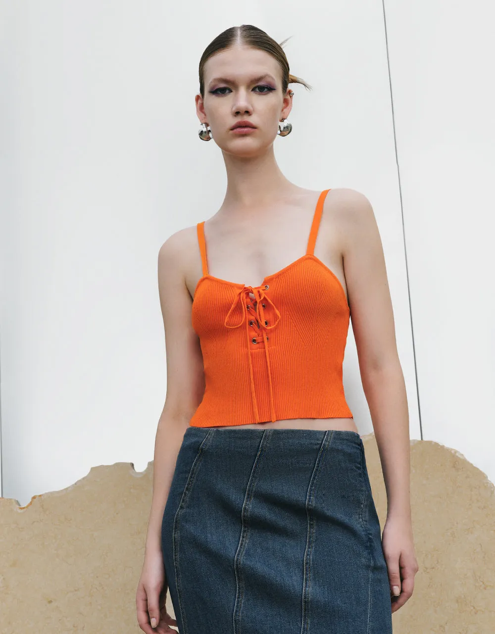 Lace Up Front Knitted Tank Top sold by Urban Revivo