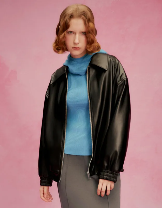 Zipper Front Vegan Leather Jacket sold by Urban Revivo