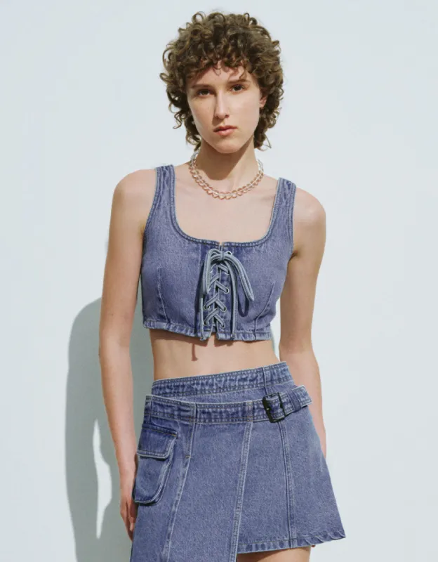 Lace Up Front U Neck Denim Tank Top sold by Urban Revivo