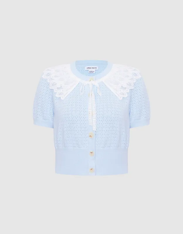 Lace Collar Pointelle Button Up Cardigan sold by Urban Revivo