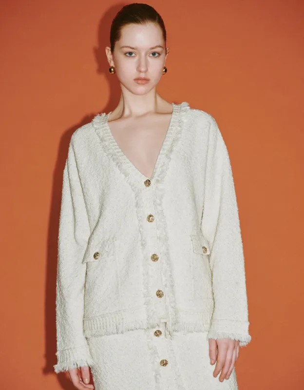 Tweed Raw Trim  V-Neck Knitted Cardigan sold by Urban Revivo
