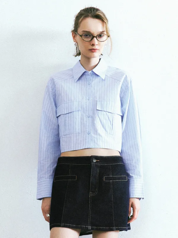 Cropped Striped Button Up Shirt sold by Urban Revivo