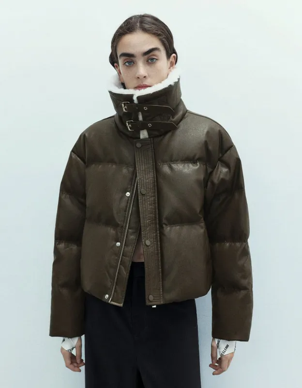 Faux Leather Shearling Lined Down Jacket made by Urban Revivo